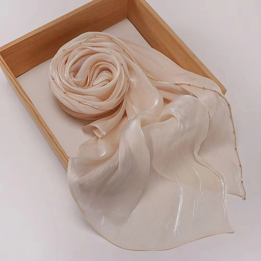 High Qulaity Solid Color Silk Scarf Shining Unilateral golden chain Chiffon Hijab Veil Long Chiffon Sunscreen Headscarf Outdoor view 3