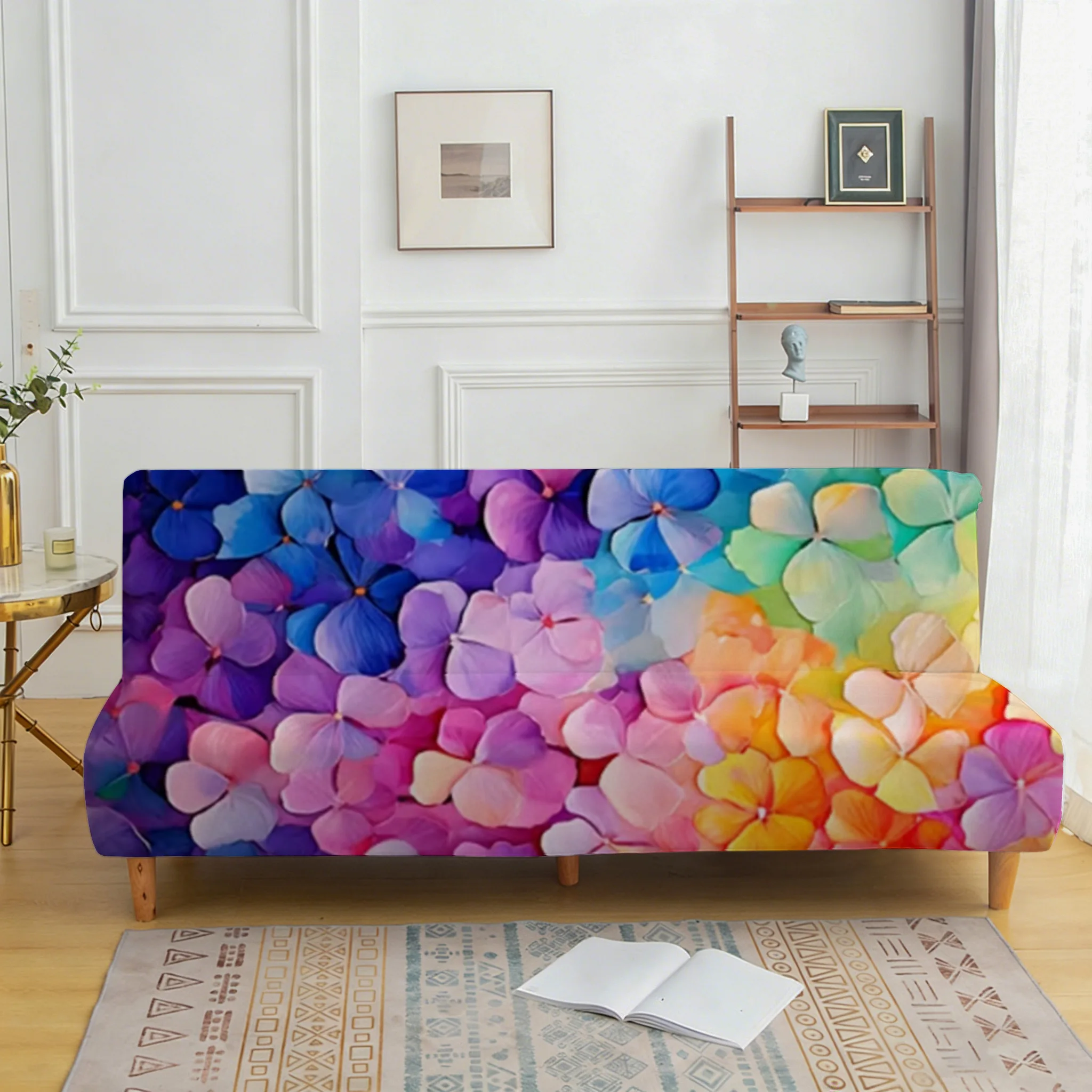 Gradual change hydrangea sofa bed cover, armless elastic sofa cover, dustproof and non-slip furniture protective cover