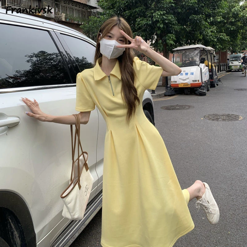 

Women Dress Fashion Basic Summer Solid Zipper Short Sleeve Preppy Style Korean A-line Sweet Girls Versatile Young Classical Fit