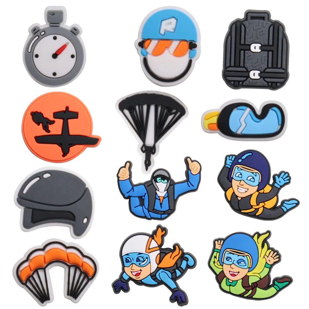 Mix 50pcs PVC Sport Series Pilot Glasses Compass Backpack Parachute Goggles Skydiving Shoe Charms Fit Wristbands Accessories