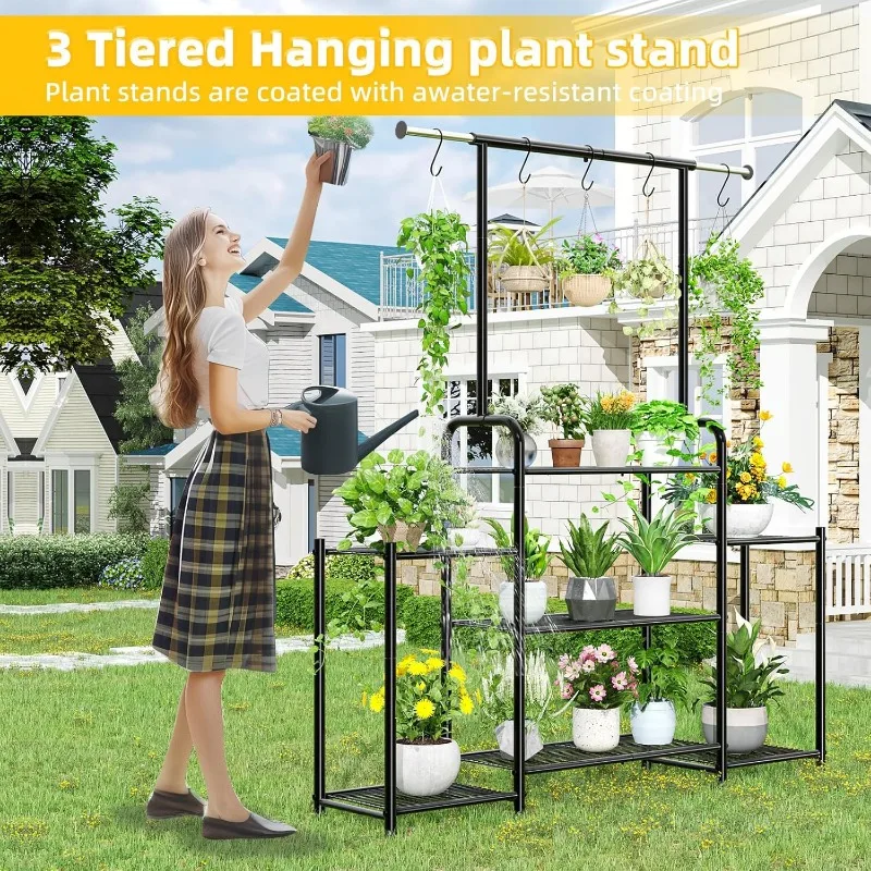 Plant Stand Indoor Outdoor, Metal 3 Tier Tall Hanging Plant Shelf for Multiple Flower Planter Large Heavy Duty Ladder