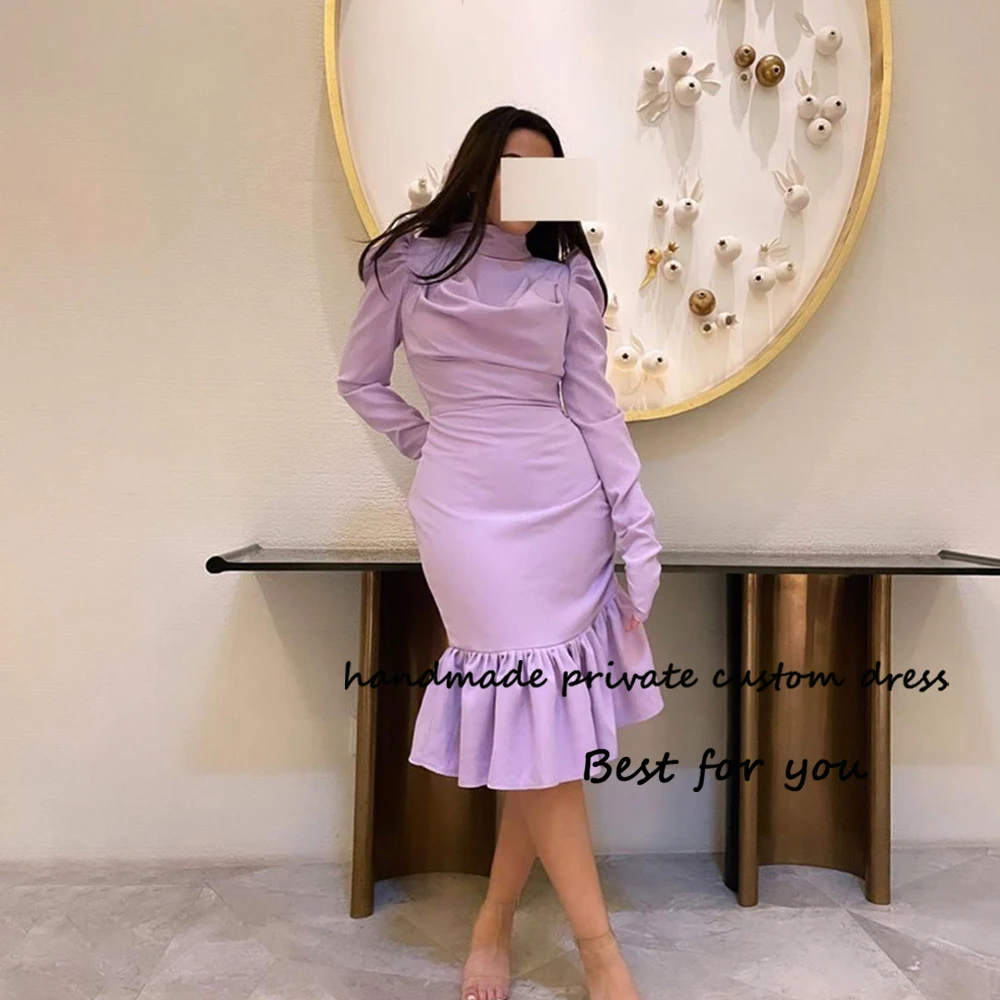 

Lavender Satin Mermaid Prom Dresses Long Sleeve High Neck Arabian Dubia Evening Party Dress Knee Length Formal Gowns