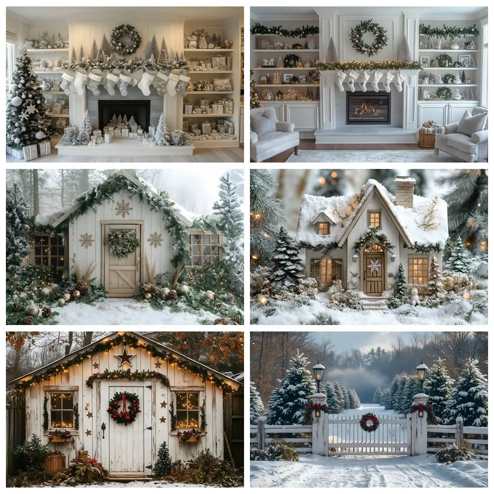 

White Christmas Photography Backdrop Fireplace Little House Indoor Outdoor Party Baby Kids Family Portrait Photocall Background