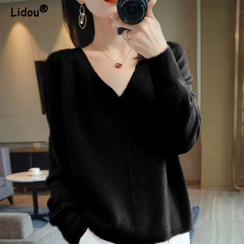 Women's V-Neck Knitted Pullovers, Bottoming Shirt, Monochromatic Sweater, Korean Top, Elegant Fashion, Spring, Autumn, New, 2024