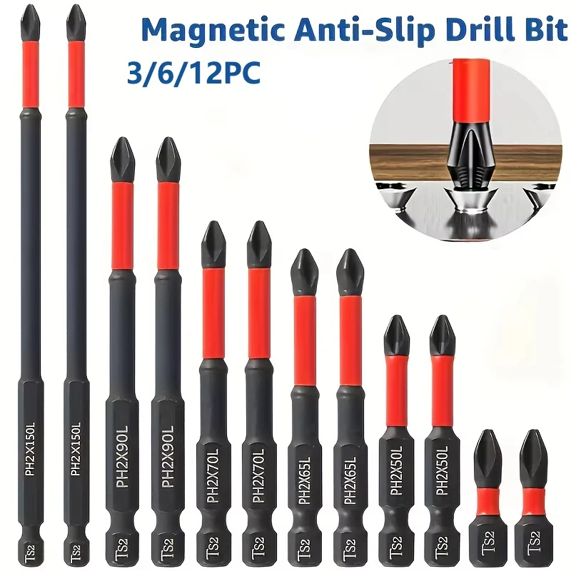 Magnetisches Rutschfestes Bohrerset 3/6/12 Teile, S2-Stahl, Kreuzschlitz- und Schlagbohrer, Geeignet für Elektro- und Handbohrmaschinen