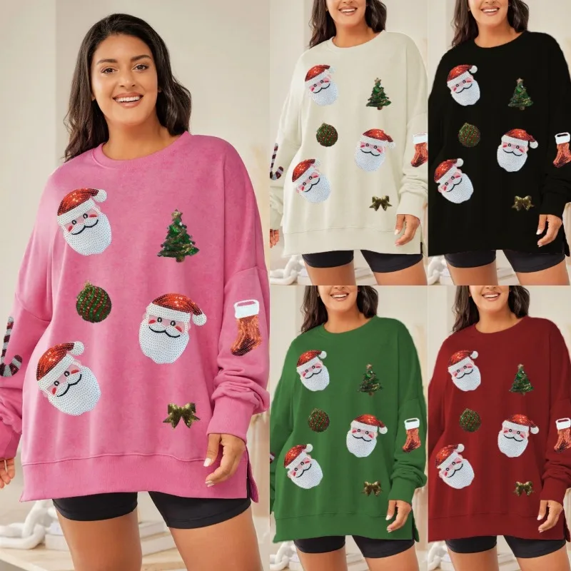 

Women’s Christmas Sweatshirts Sequin Santa Graphic Prints Oversized Hooodie Long Sleeve Crew Neck Pullovers Tops for Fall Spring
