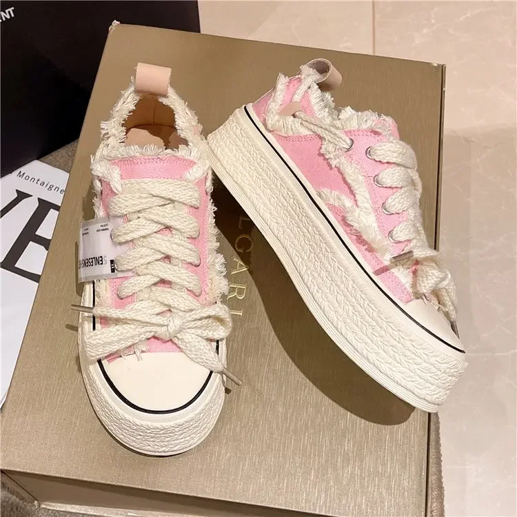 

2024 Muffin Thick Soled Canvas Shoes Female Fashion Before Lacing Candy Color Increase Casual Small White Shoes Female Sneakers