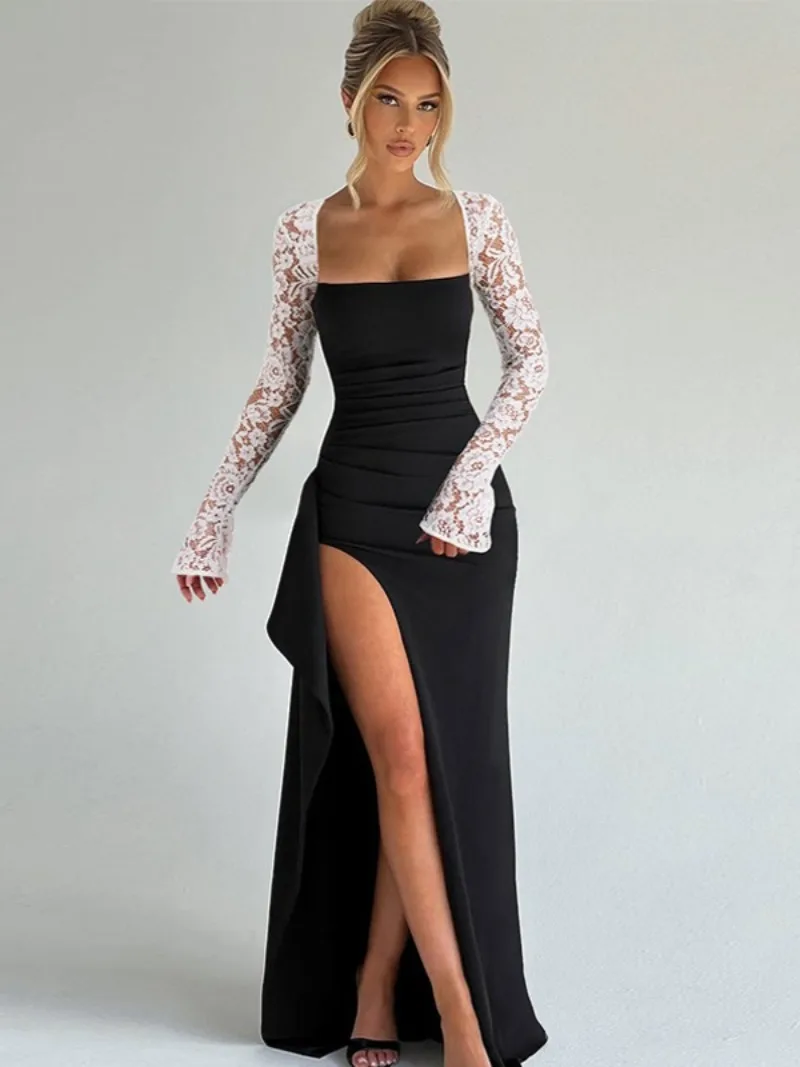 Abito da sera elegante patchwork in pizzo con colletto quadrato Tuniche sexy a vita alta senza schienale da donna Abiti da festa lunghi divisi Abito formale