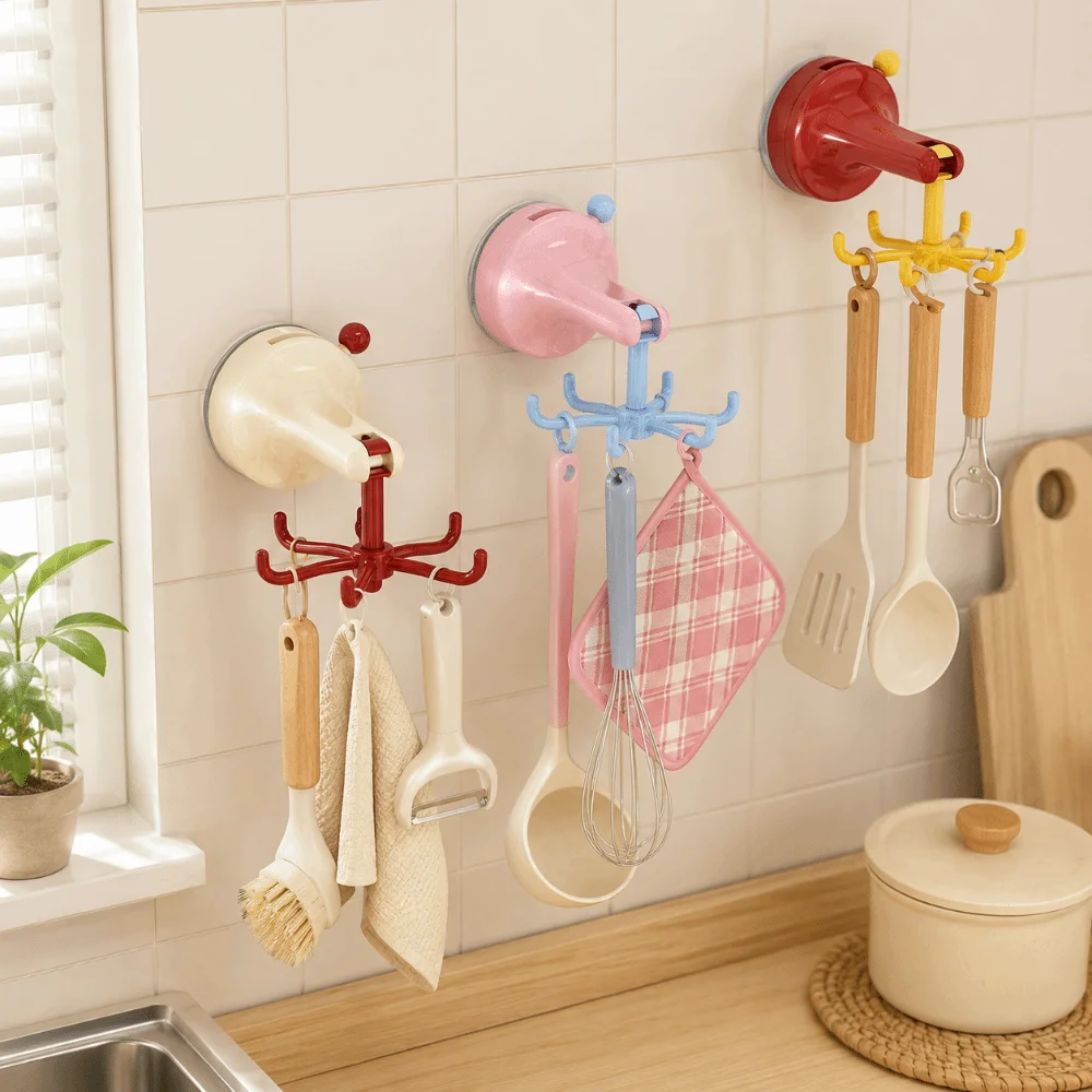 360° Rotating Suction Cup Storage Hook Dopamine Space Saving Six-claw Rotating Hook Punch-free Multifunctional