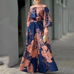 Uslemon New Vintage Floral Printed Off-The-Shoulder Shirts&elasticity Waist Wide Leg Pants Elegant 2 Piece Set For Women