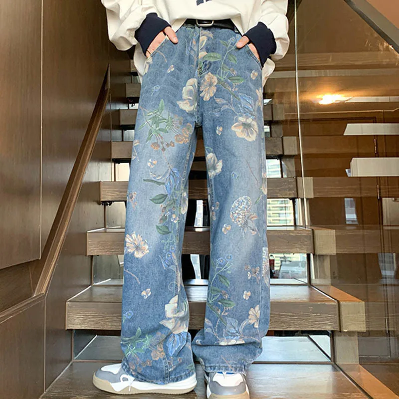 

Vintage Men's Flower Printed Distressed Jeans Hip Hop Wide Leg High Street Denim Pants Streetwear Male Trousers