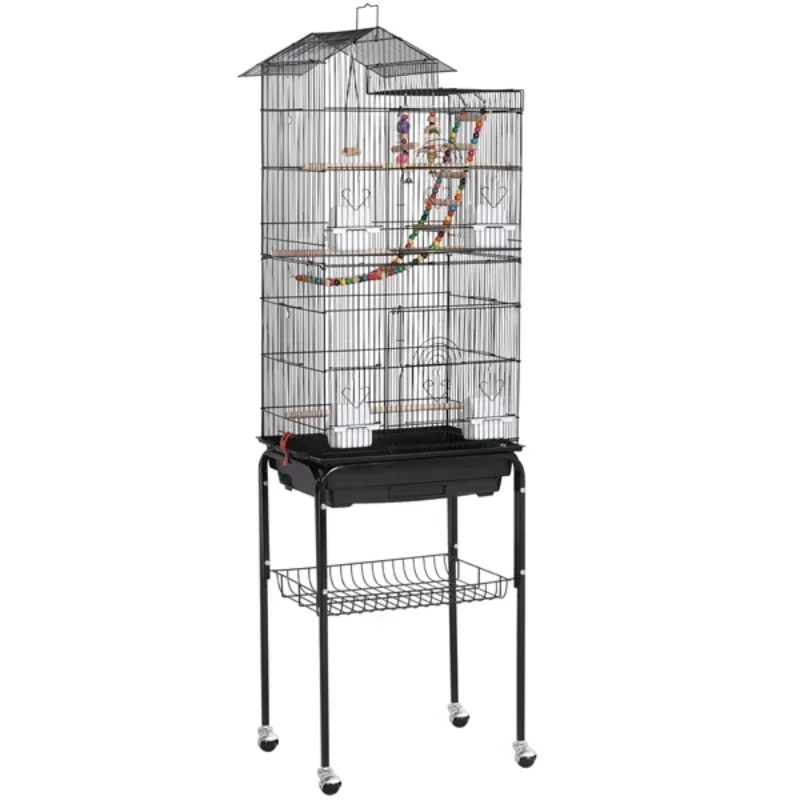 

62.5" Rolling Mid-Size Bird Cage with Perches, Black Cage Decoration Bird Cage Accessories Bird Carrier