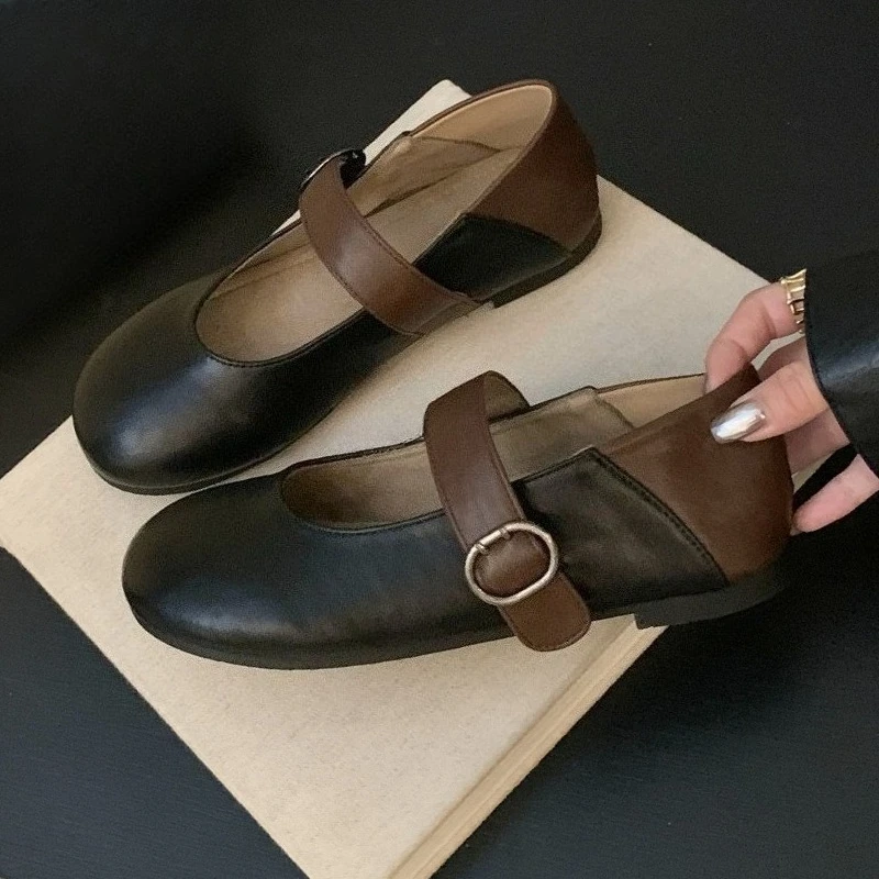 الرجعية جولة تو ماري جين أحذية النساء ليوبارد حزام مشبك الراحة الخريف الأحذية الإناث الضحلة ماركة غير رسمية حذاء مسطح النساء