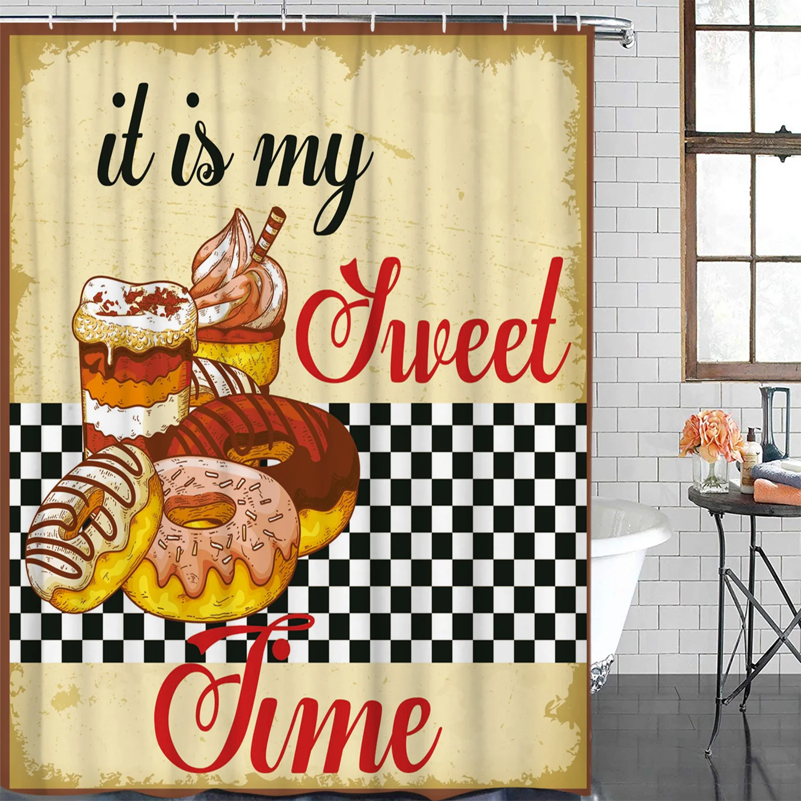 Dessert Voedsel Donut Plaid Waterdicht Badkamer Decoratie Douchegordijn Met Haak Gedrukt Bad Gordijnen Badkamer Accessoires