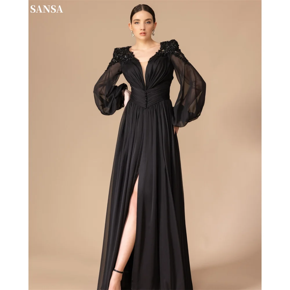 

Sansa Customized Black V-Neck Lantern Sleeves Prom Dress Side Slit Rhinestones Vestidos De Noche Floor-Length Formal Gown 2025