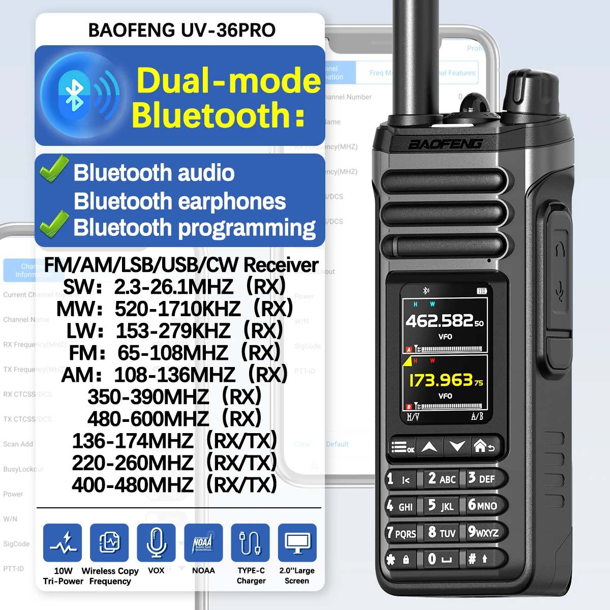 BAOFENG UV-36 PRO 10W Tri-Power Walkie Talkie Dual Mode Two Way Radio Bluetooth Programming FM Receiver Handheld Transceiver