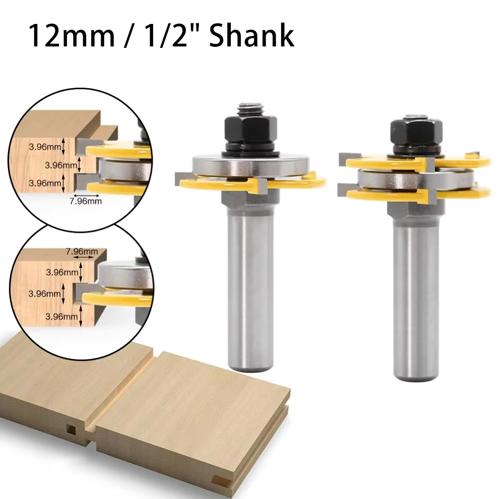 2Pcs Set 3 Teeth T Type Wood Floor Splicing Router Bit 12mm 1/2