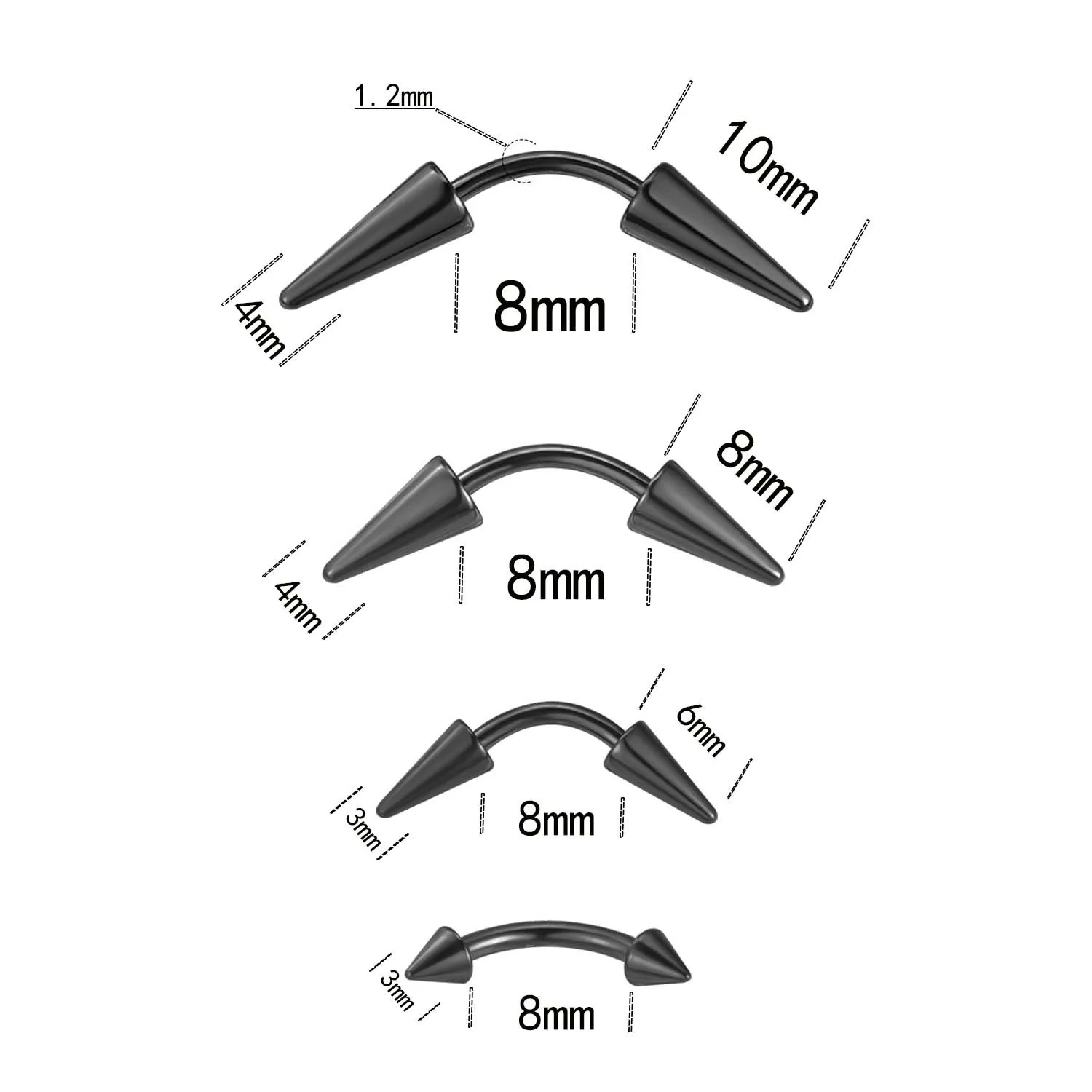 4Pcs/set Eyebrow Piercing Cone Shape Lip Ring Stainless Steel Curved Barbell Nose Stud Helix Cartilage Earring Body Jewelry