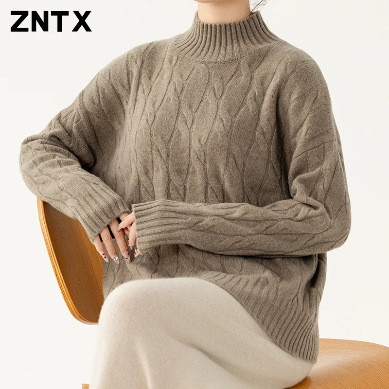 ZNTX Winter thickened warm pure cashmere sweater women's large size casual striped fashion high-grade knit sweater solid color