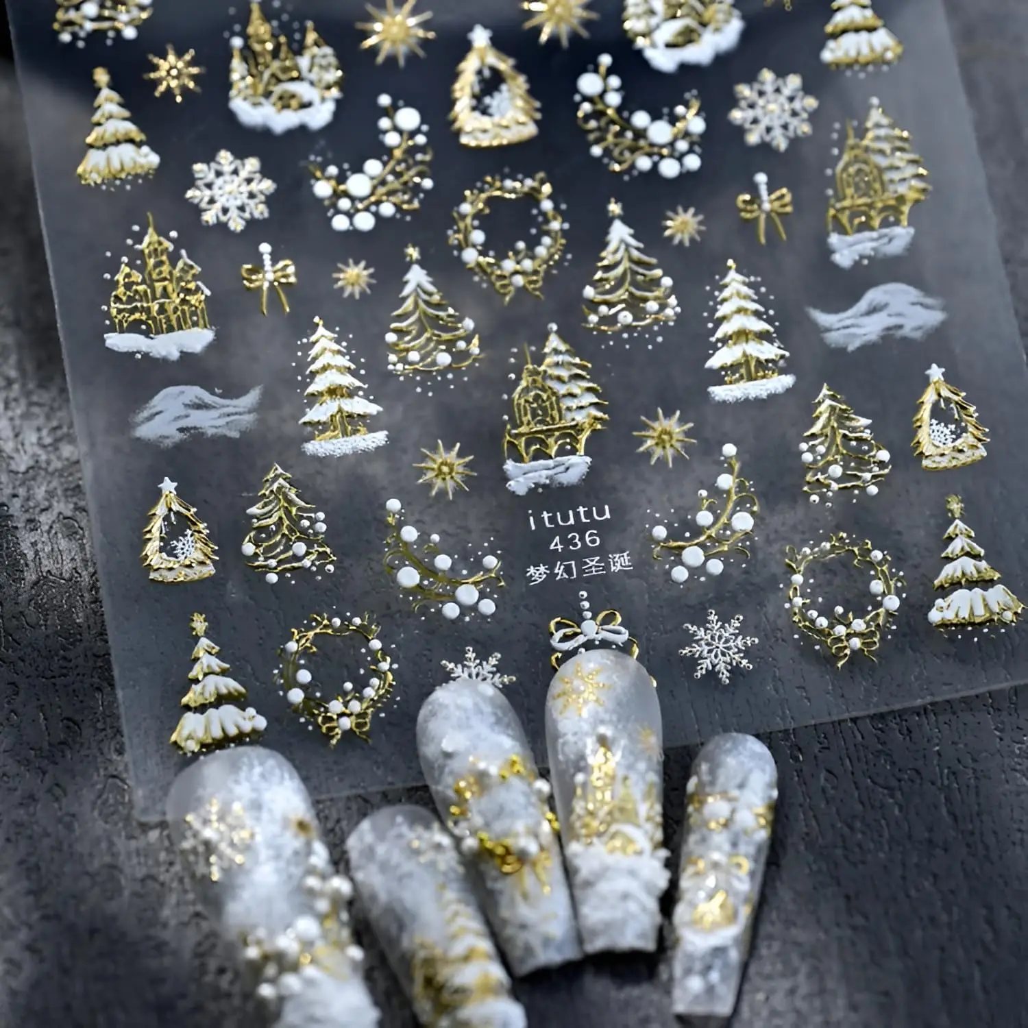1Pcs 5D Embossed Gold Castle Garland Christmas Tree Nail Stickers Snowflakes Star Nail Decals Self-Adhesive Nail Accessories