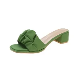 Women Pleated Slippers Sandals Ladies Soft Comfortable Sexy Thick High Heel Sandals Fashion Green Heels Slides