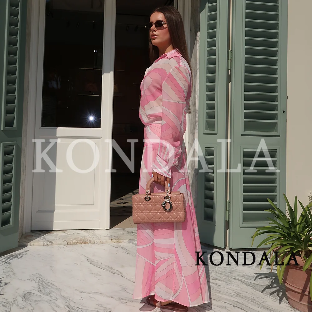 KONDALA Women Trendy Printed Skirt Set 2026 Summer Seaside Elegant Holiday Chic Set Lapel Buttons Shirts,Wide Pleated Midi Skirt