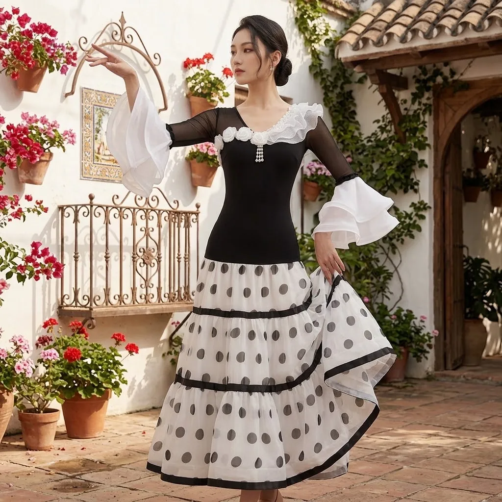 Women Contrast Color Polka Dot Ballroom Dance Dress Ruffled Flare Sleeve Modern Waltz Stage Performance Practice Wear