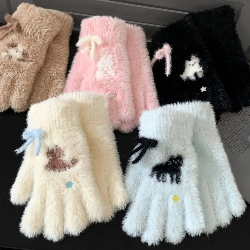 Cozy Bow Star Cat Pattern Full Finger Gloves Polyester One Size Winter Warm Gloves Cold Proof Thick Gloves Outdoor Activities
