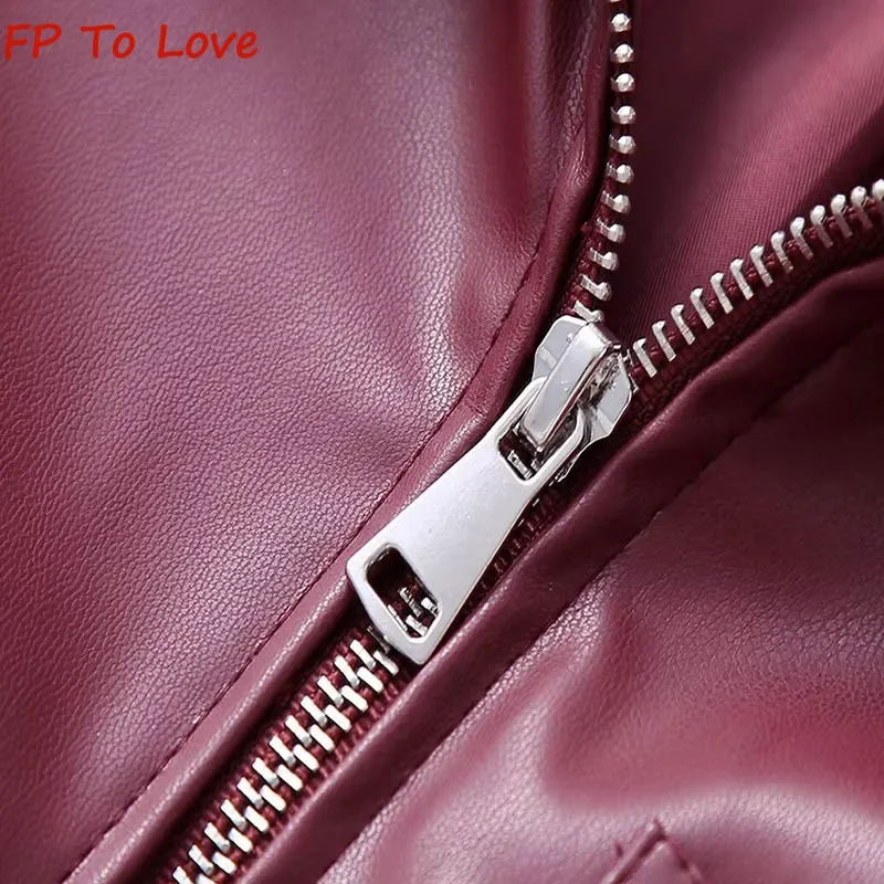 2023 Autumn Winter Female Leather Jacket Coat PB&ZA Woman Red Pocket Trim Lapel Motorcycle Biker Jacket