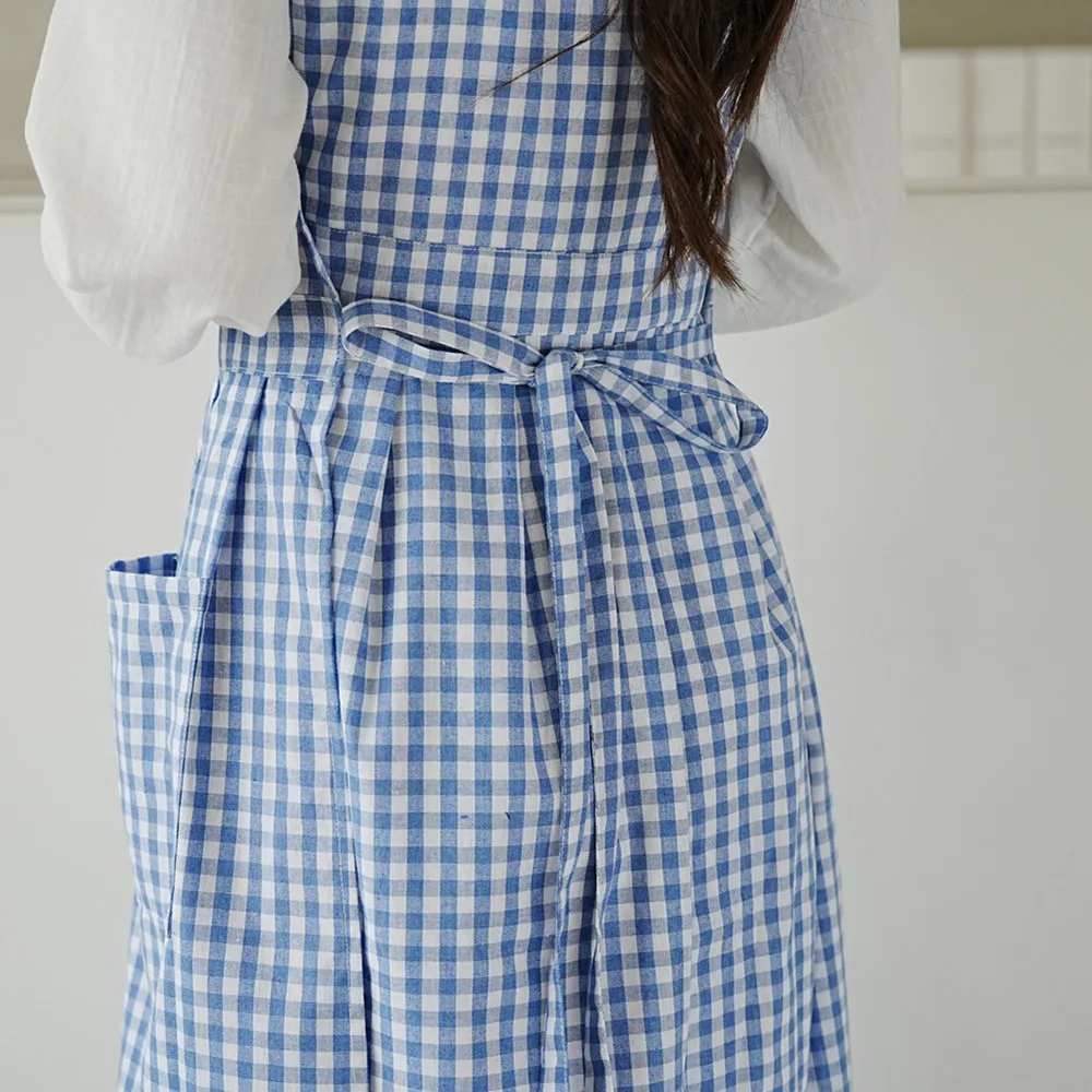 Korean style large size cotton side slit lace up plaid apron,one size,pockets,pleated,anti-fouling,for household,work,outdoor