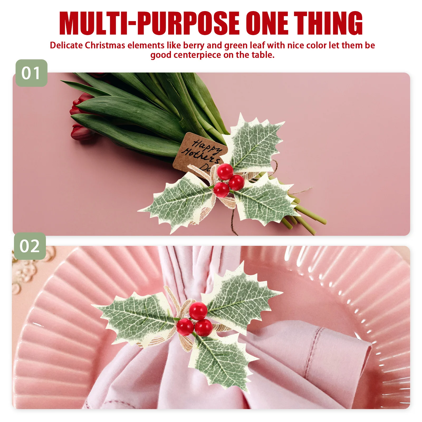 

6Pcs Berry and Leaf Napkin Rings Simulated Green Leaves Christmas Decor for Dining Table Party Home Restaurant