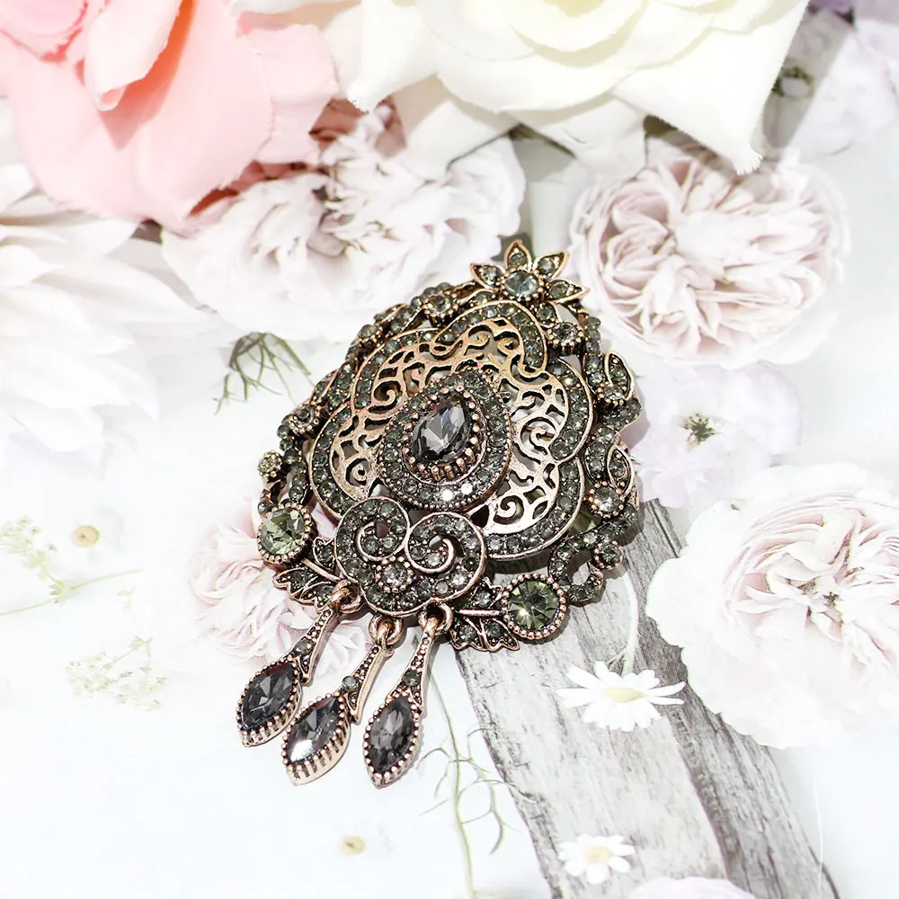 Sunspicems Vintage Gray Crystal Turkish Brooch Pin For Women Ethnic Bridal Jewelry Arab Hijab Scarf Broches Brooch Rhinestone