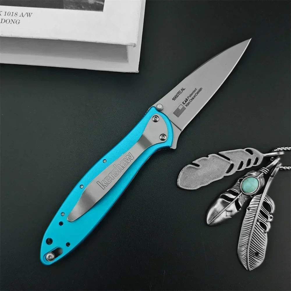 Blue KS 1660TEAL Leek Pocket Knife Flipper Folding Knife 8Cr13Mov Blade Aluminum Alloy Handle Hunting Tactical Knife EDC Tool