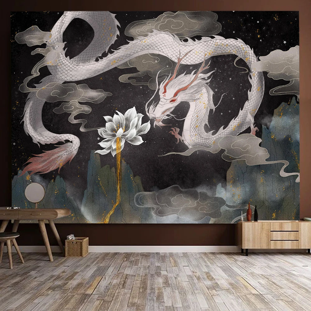 Psychedelic Dragon Starry Sky Tapestry Chinese Dragon Totem for Home Bedroom Living Room Decor Wall Hanging Anime Tapestries