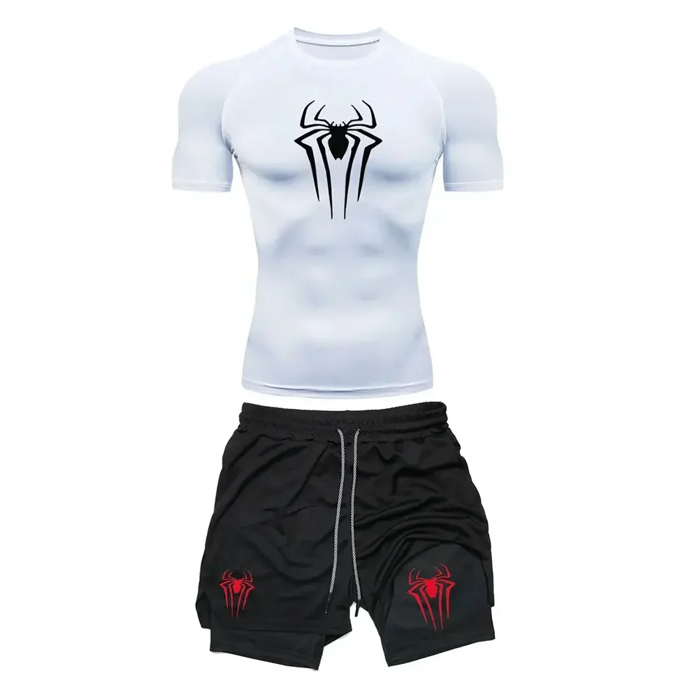 Anime spider Compression Set Men's Workout Gym Tshirts Breathable Running Shorts Quick Dry Sports Rash Guard Sportwear Set
