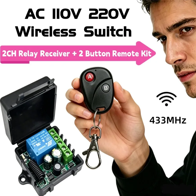 AC 110V 220V 433MHz RF 1-Channel Wireless Relay Receiver Garage Door Transmitter Remote Control Switch