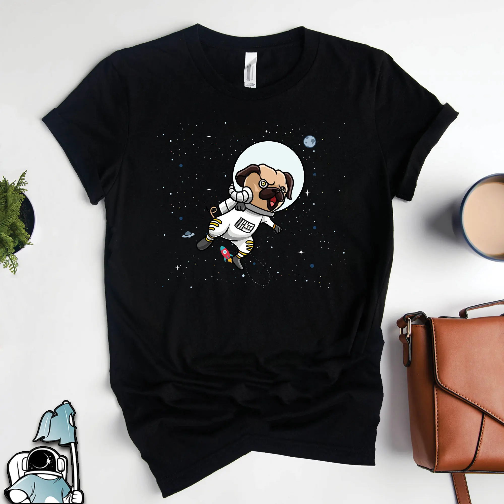 Pug T Shirt Art s Astronaut In Space Funny Dog Owner Stars and Planets