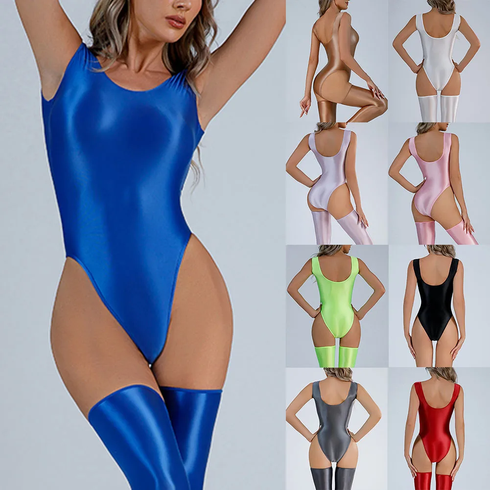 Oil Glossy Shiny Bodysuits Women Leotards Sexy High Cut Bikini Thong Bodysuit Tights Wet Look Piece Swimsuit Erotic Lingerie