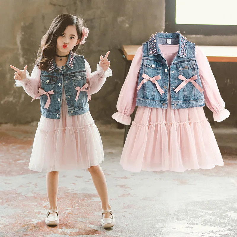 

Girls Clothing Sets Spring 2024 Denim Vest+Princess Dress Children Clothes Elegant 2pcs Set Kids Teen Long Sleeve Costume