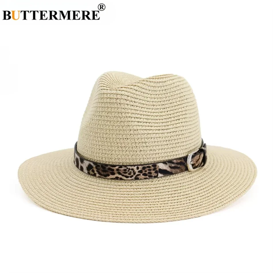 

BUTTERMERE Women Sun Hats beige Straw Beach Summer Hats with Leopard Belt Fashion Floppy Straw Hat Female Ladies Jazz Hats