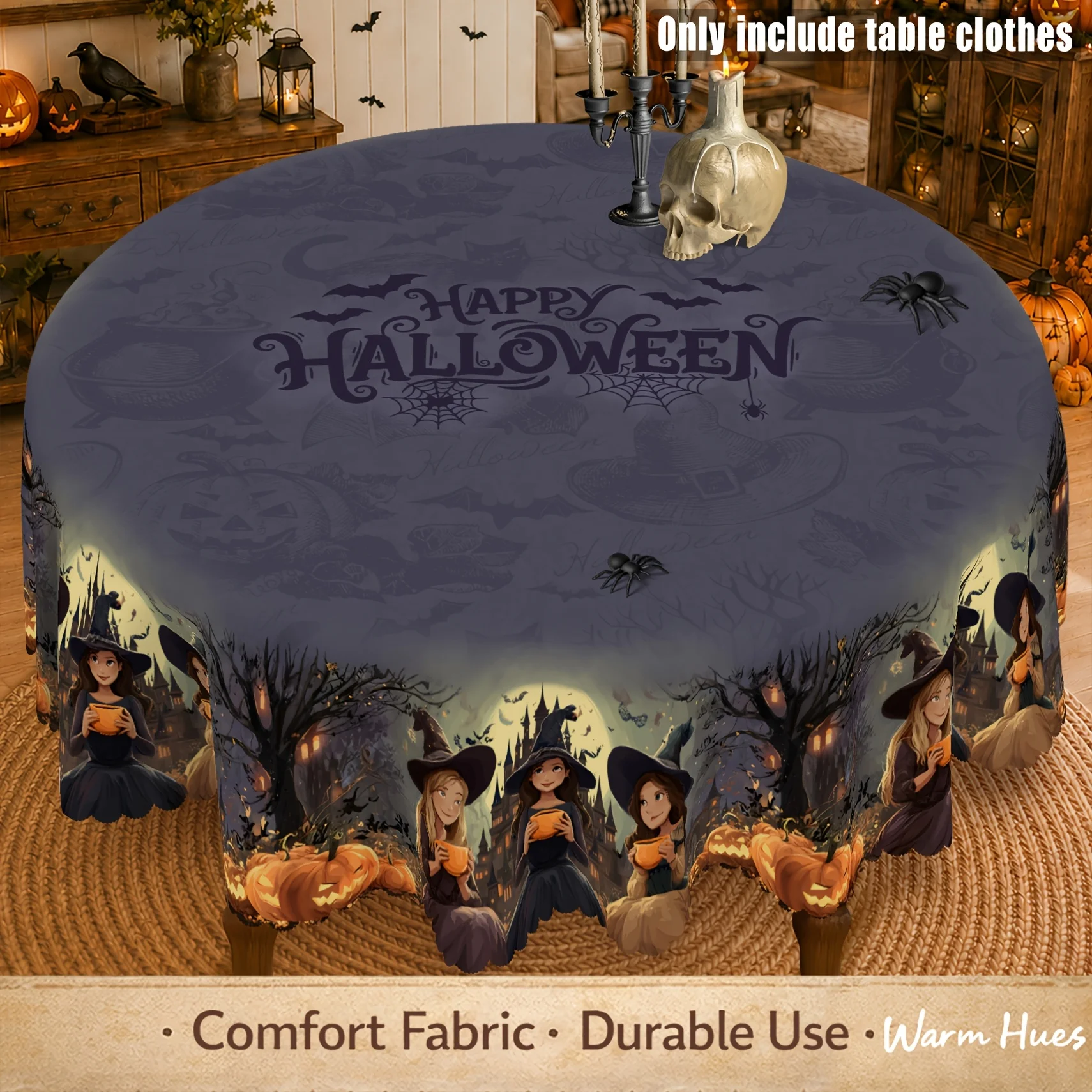 1 piece, Halloween witch tablecloth, jack-o-lantern decoration and ghost castle moonlight print, suitable for autumn harvest pie