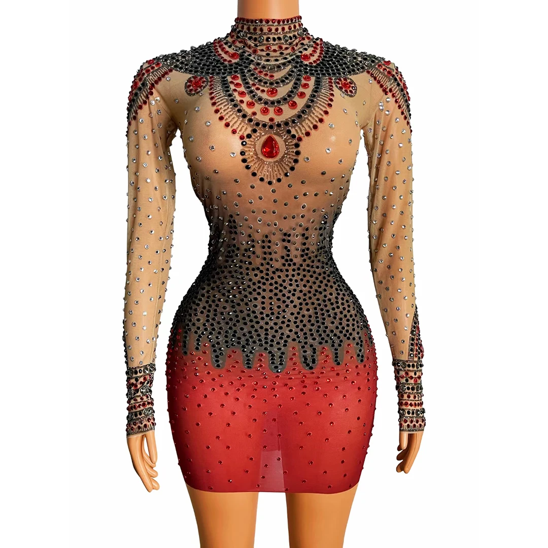 

Vintage Luxury Red Black Silver Sparkly Rhinestone Crystal Long Sleeve Mini Dress Sheer Mesh Stage Performance Costume Huochai