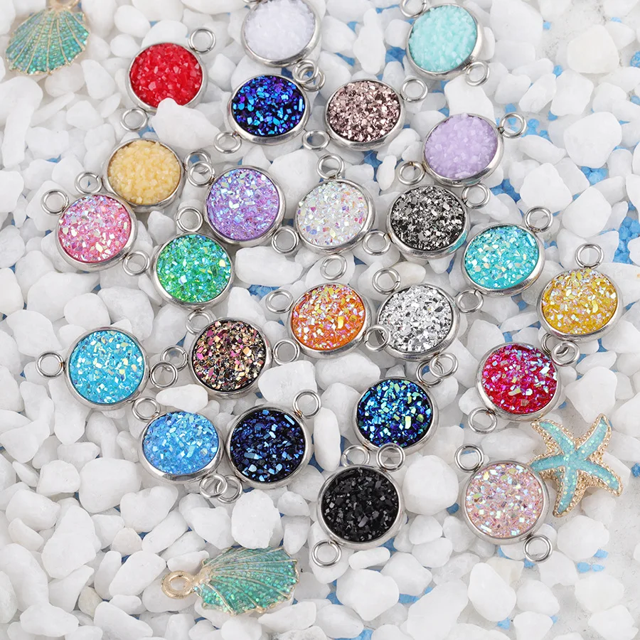 20Pcs/Lot 10mm Stainless Steel Resin Glitter Faux Druzy Charms Connector Colorful DIY Handmade Druzy Crystal Pendant