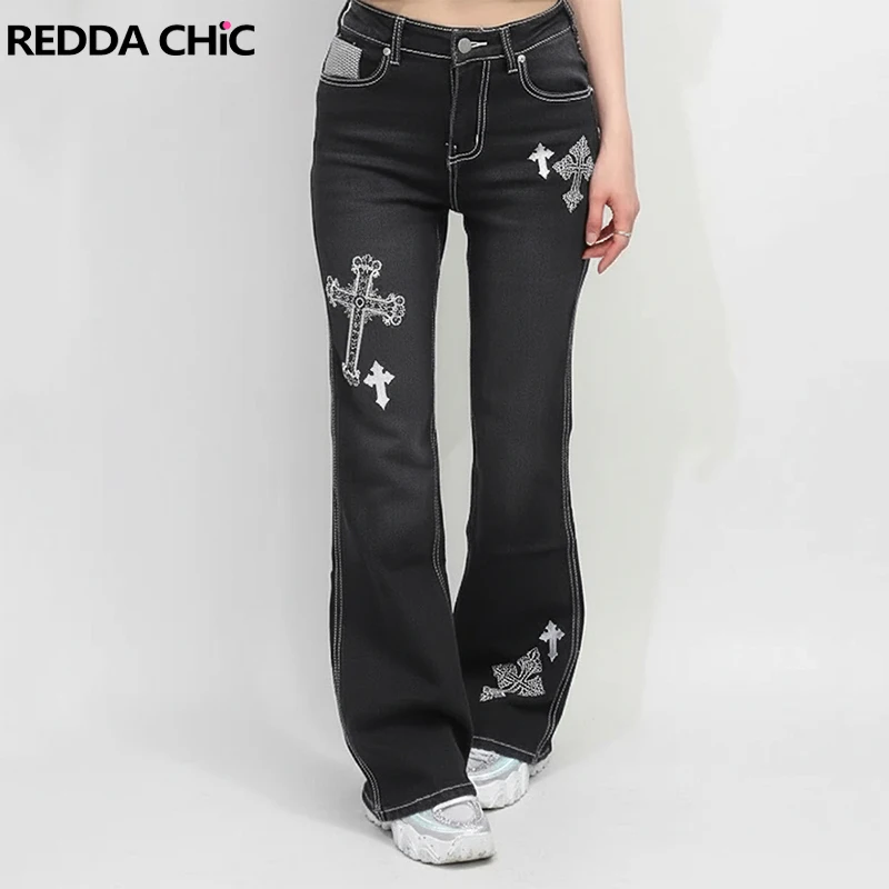 

REDDACHiC Cross Embroidery Women Bootcut Jeans Y2K Do Old Black Slim Stretchy Low Waist Bell Bottoms Punk Vintage Streetwear