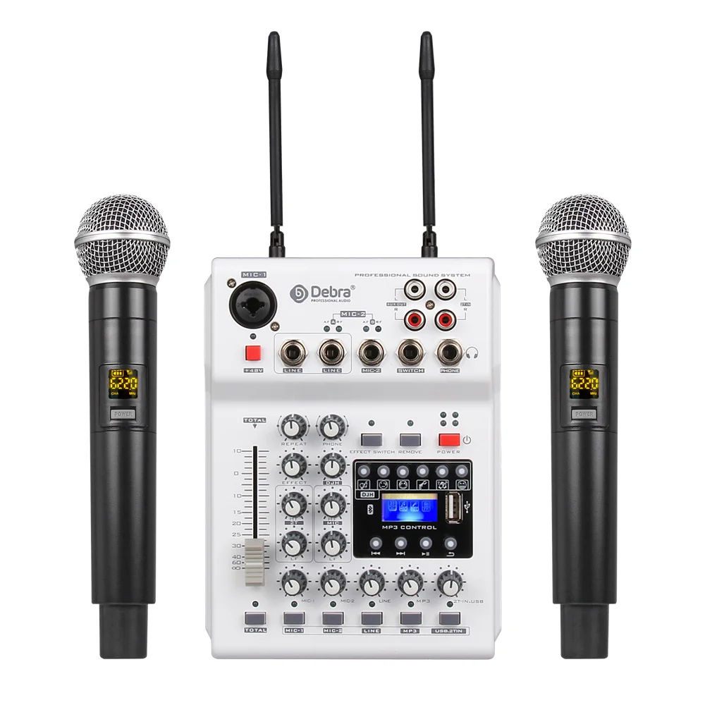 

Audio UHF 2 Wireless Microphones MM-02 With DJ Mixer Console With 48V Phantom Power (Mixer Audio / Mixer Console / Mixer
