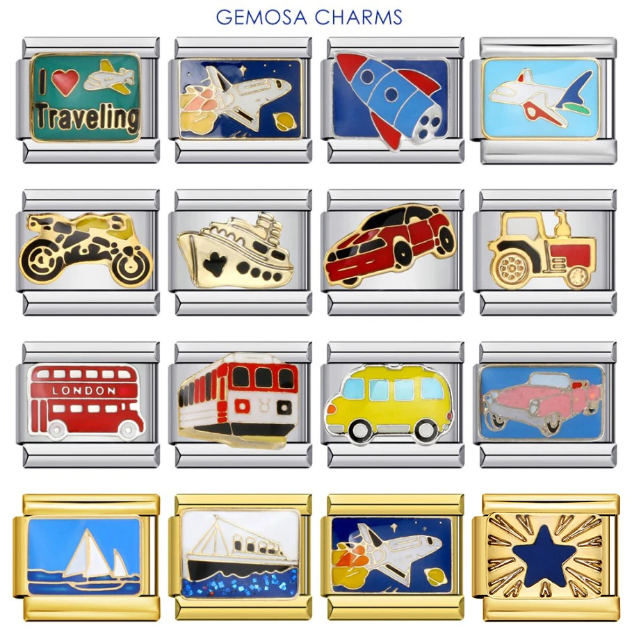 GEMOSA Fashion Travel Car Aircraft Train Bus Cruise Ship Italian Charm Links Fit 9mm Bracelet Stainless Steel Jewelry DIY Making
