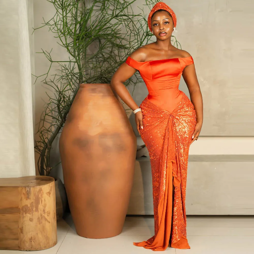 Orange Sequins Prom Dresses Off The Shoulder Front Slit Mermaid Party Dance Wear Evening Gowns