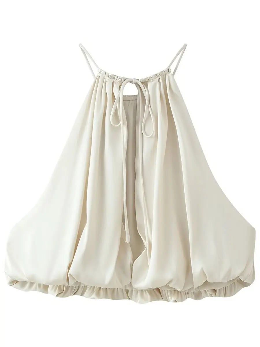 Women's Balloon Sleeveless Top Silk Satin Material Short Length Belly Baring Neck Hanging Design Summer Fashion Trend