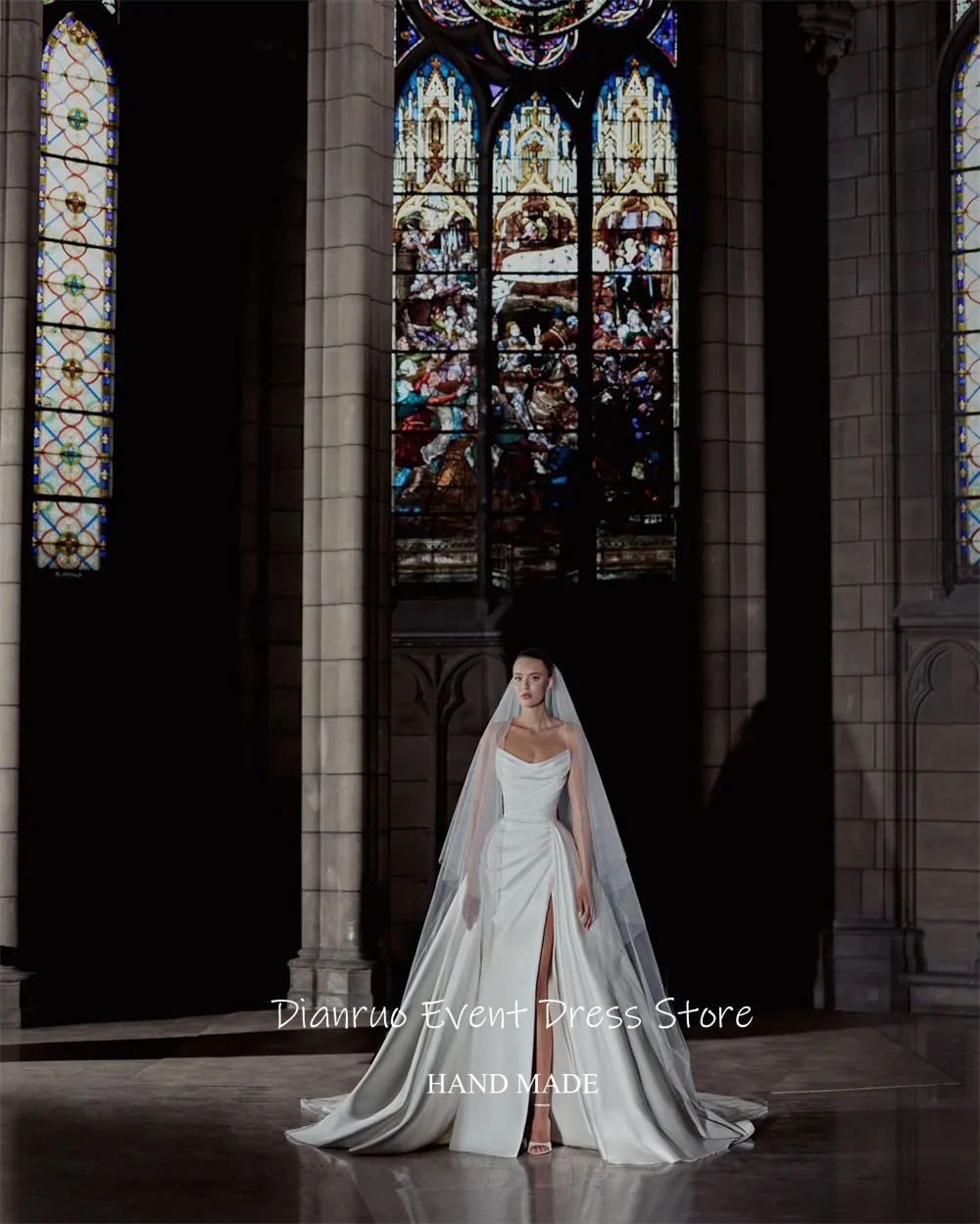 Dianruo Gaun Pengantin Satin Formal Gaun Pengantin Romantis Belahan Tinggi Tanpa Tali Gaun Pengantin Tanpa Bahu Vestido Noiva Princesa Disesuaikan