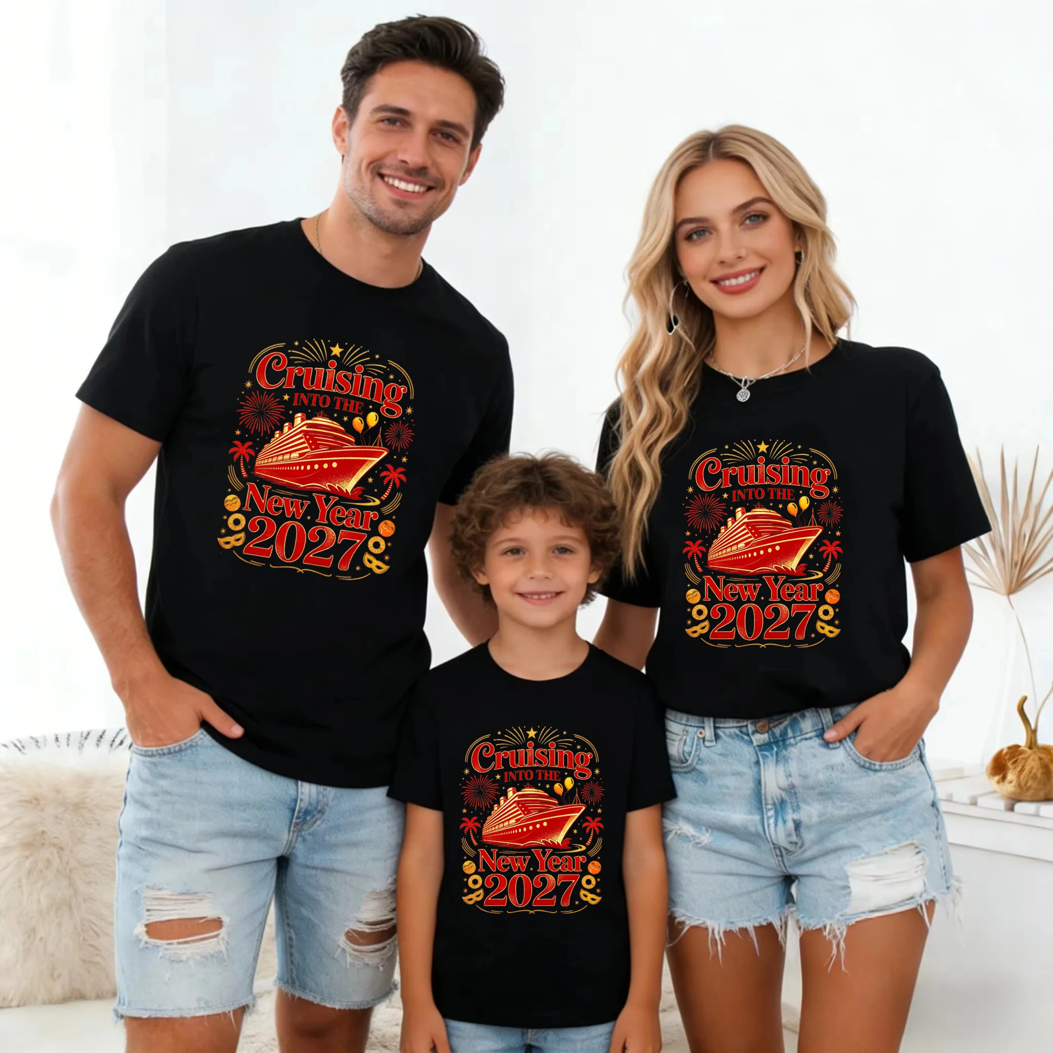 Cool Cruising Into The New Year 2027 Family Matching Printed T Shirt New Year'S Gift T-Shirt Dad Mom Son Daughter T-Shirt